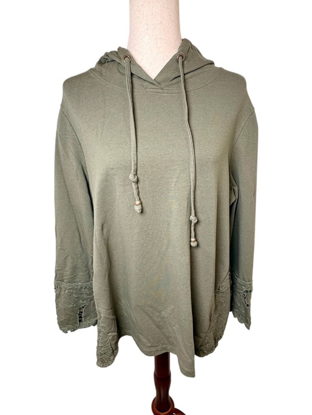 Soft Surroundings Olive Green Embroidered Cutwork Tunic Hoodie Size XL